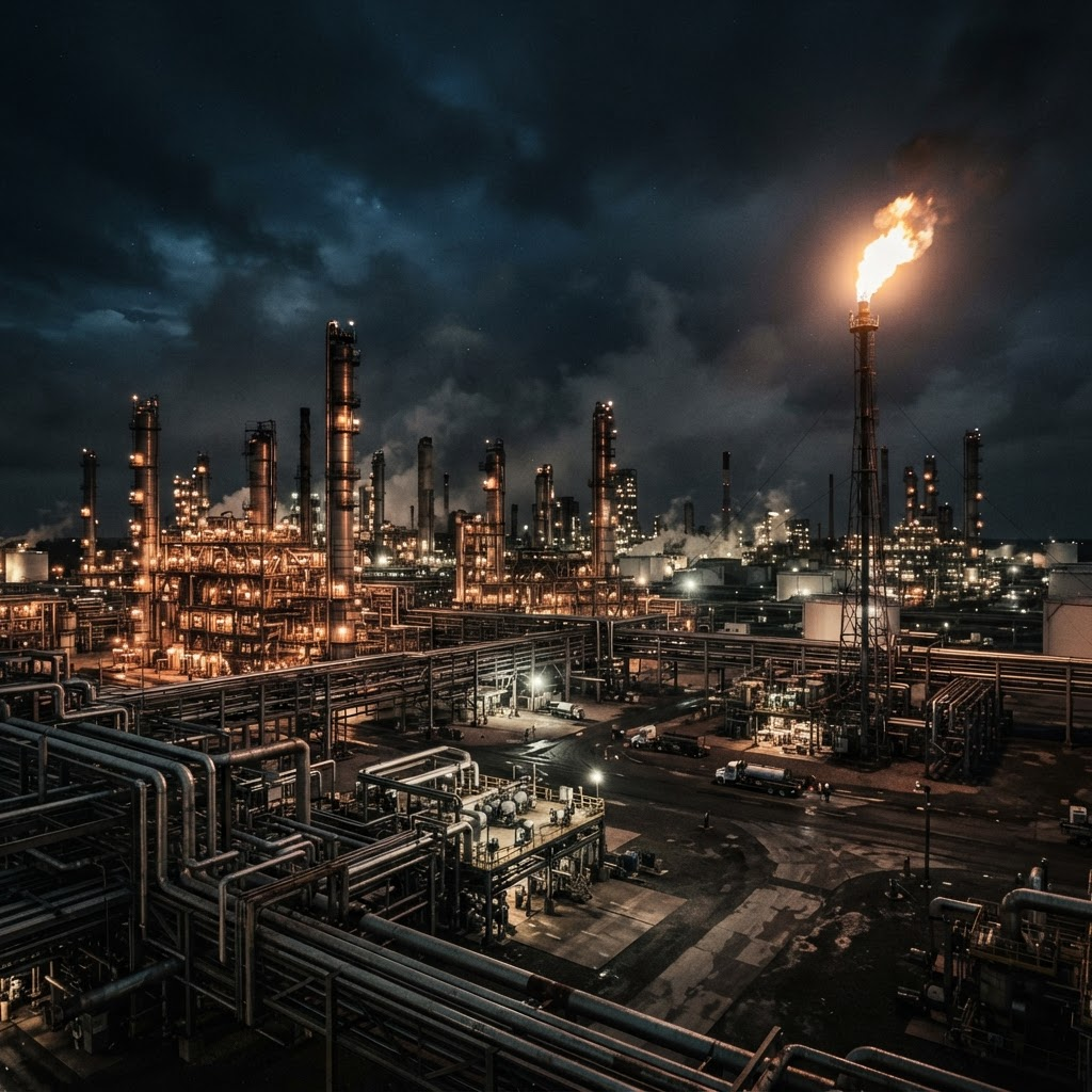 Refinería petrolera iluminada durante la noche